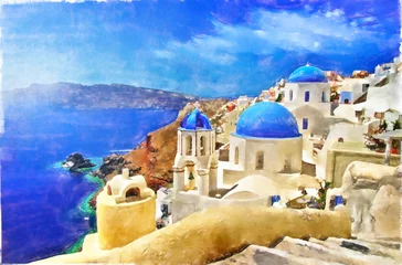 Poster Greece. Iconic Santorini - view of caldera with blue domes.  Artistic painting style © Freesurf