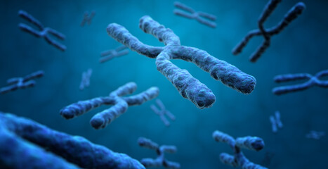 3d rendering of X chromosomes in blue background, genetics research concept
