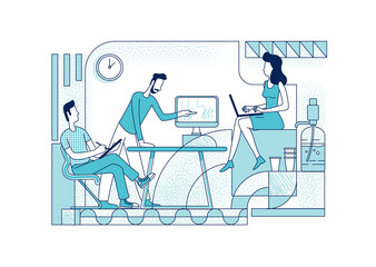 Colleagues coworking silhouette vector illustration. Creative studio designers collaboration outline characters on white background. Employees in modern open office simple style drawing
