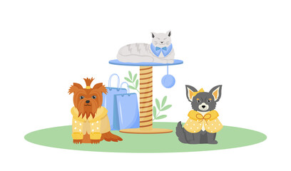 Pet fashion flat color vector character. Cute dog and cat wear clothes. Products to pumper domestic animal. Pet shop isolated cartoon illustration for web graphic design and animation