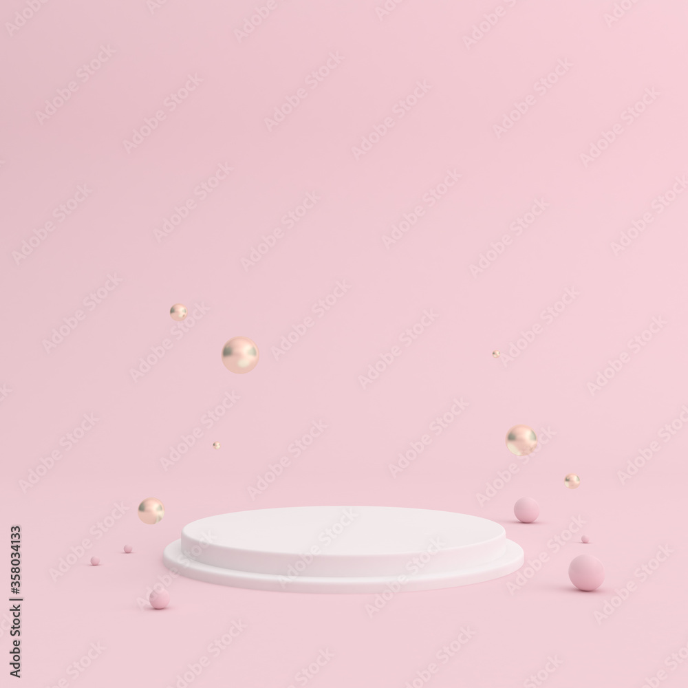 Poster Mock up of white podium and balls on pink background. Minimal style. 3D rendering.