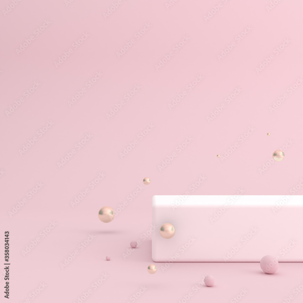 Poster Mock up of white box and balls on pink background. Minimal style. 3D rendering.