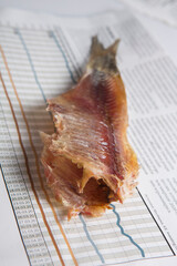 MOSCOW / RUSSIA - 24/05/2020 close up top view shot of a dressed headless dried salted vobla (Caspian Roach) fish lying on a Russian newspaper background