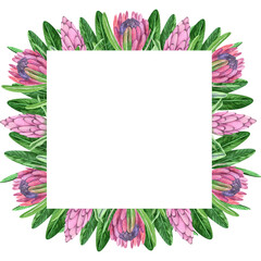 Watercolor hand painted tropical frame with pink, yellow and red flowers, green leaves and plants. Bright jungle foliage blank card template perfect for summer wedding invitation 