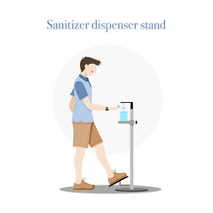 Young men using sanitizer dispenser with foot operated to avoid touching with hand for prevent infection of Covid-19 virus. Vector illustration