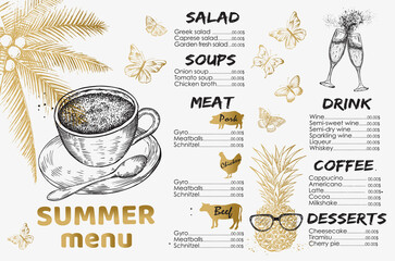 Restaurant summer menu design. Hand drawn illustrations. 
