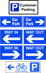 Car park signs way in way out customer parking Bicycle parking exit this way signs