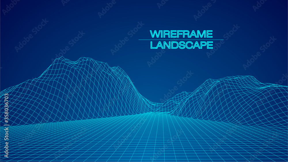 Aufkleber abstract digital polygonal wireframe landscape. blue vector mesh illustration on dark background. di