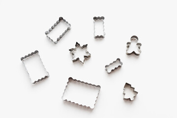 metal molds, metal cookie cutters, cookie molds on white background, homemade cookies