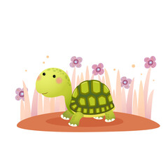 Vector illustration of a cute cartoon tortoise crawling on the ground.