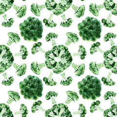 Watercolor seamless pattern with different types of cabbage. Brussels sprouts, broccoli 