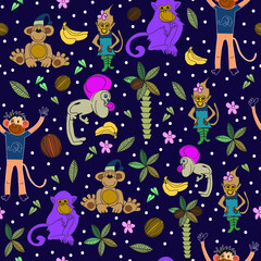 Bright seamless pattern with palm trees and colorful monkeys