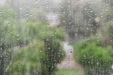 Raindrops on the window pane. Outside the window, you can see the silhouettes of blurred green trees. View from the window on a rainy day