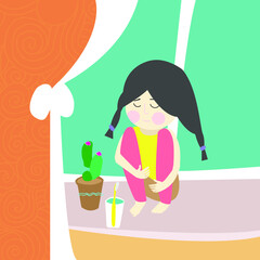 Girl sitting on the windowsill next to a flower with a toothbrush and hugs her knees
