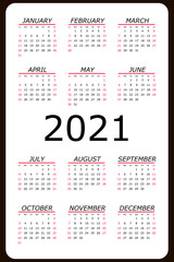 Calendar 2021 yearly. Week starts on Sunday. Vector illustration.	
