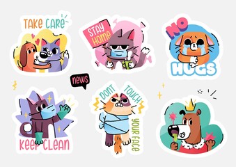 Fototapeta premium Cats and dogs in medical face mask fighting coronavirus. Self quarantine and isolation concept stickers. Vector