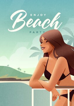 Girl relaxing on the beach. Summer vacation poster or flyer design template with sexy female on the beach. Party invitation. Modern style. Vector illustration
