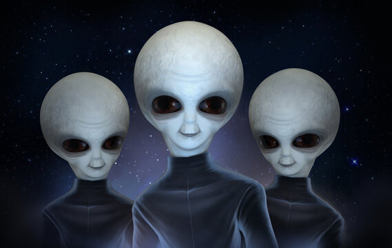 Three gray aliens in black space suits against the background of the cosmic starry sky. 3 d illustration.