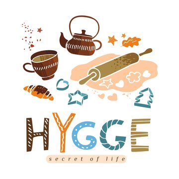 Symbols hygge Nordic Danish life style. Kitchen objects hand-drawn on white background for printing on fabric, postcards, poster. Cute trendly color vector illustration
