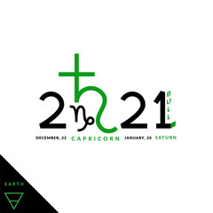 Capricorn zodiacal sign inside the ruler planet of it, astrological headline banner of 2021th year of the bull