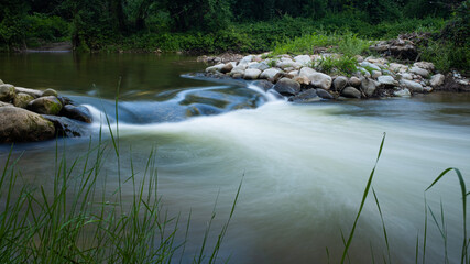 River with spring water flowing on a green forest landscape on a little tiny waterfall edge water shore