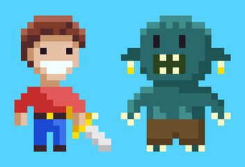 Naklejka premium Battle or set character, portrait view of superhero holding sword and monster with teeth, cavalier and monstrosity on blue, pixel game, platform vector