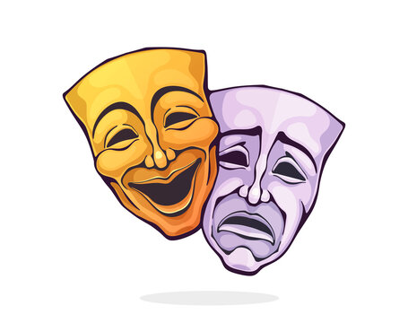 Two theatrical comedy and drama mask. Bipolar disorder symbol. Positive and negative emotion. Film and theatre industry. Cartoon vector illustration with outline. Clipart Isolated on white background