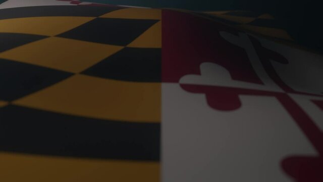 Maryland Flag waving in a dark atmospheric environment in slow motion. Infinite loop.