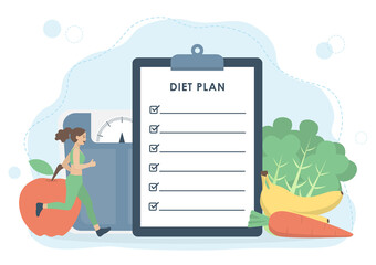 Woman exercise with diet plan on clipboard, fruits, vegetables and weight scale in background. Healthy diet, weight loss and nutrition consultation concept. 