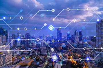 Information flow hologram, night panorama city view of Bangkok. The largest technological center in Asia. The concept of programming science. Double exposure.