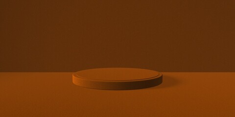 Espositore vuoto circolare arancio su fondo arancio, podio o piedistallo per esposizione prodotti, base circolare con sfondo vuoto, Rendering 3D, visione frontale