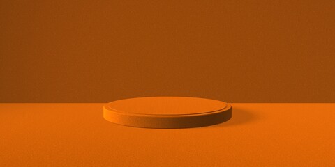 Espositore vuoto circolare arancio su fondo arancio, podio o piedistallo per esposizione prodotti, base circolare con sfondo vuoto, Rendering 3D, visione frontale