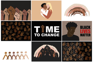 Black lives matter set. Stop racism. Protesting fist, multiracial persons hugging, different hands, man crying, rainbow and abstract people in different races skin colors. Modern vectors