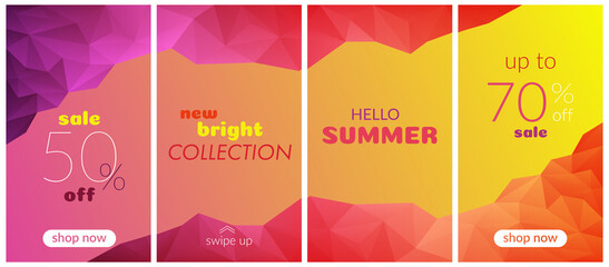 Concept sale, promotions. Set of vertical banners, story for social networks, bright, colorful. Fun positive summer. In the style of low poly. Copyspace.
