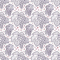 Hand drawn grape and vine seamless background. Bunch of grapes vector endless pattern. Grape and vine logo and ornament. Part of set.