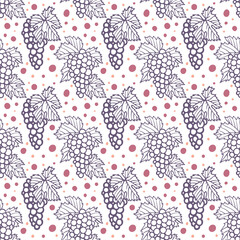 Hand drawn grape and vine seamless background. Bunch of grapes vector endless pattern. Grape and vine logo and ornament. Part of set.