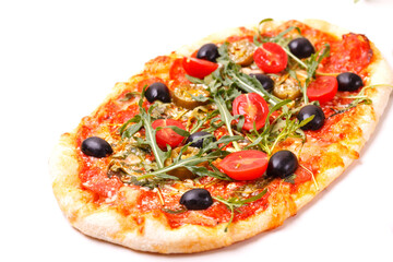 Italian pepperoni pizza pinza with olives and arugula