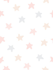 Night Sky Seamless Vector Pattern with Pastel Pink and Gray Stars on a White Background. Watercolor Style Starry Print. Cute Repeatable Vector Design with Hand Drawn Stars. Baby Girl Party Pattern.