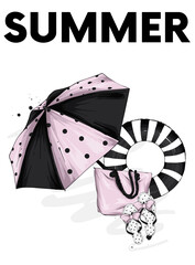 Summer accessories - beach umbrella, beach bag and stylish shoes. Fashion & Style. Vector illustration for postcard or poster, print.