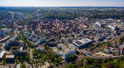 Aerial view of the city Biberach in spring during the coronavirus lockdown.
