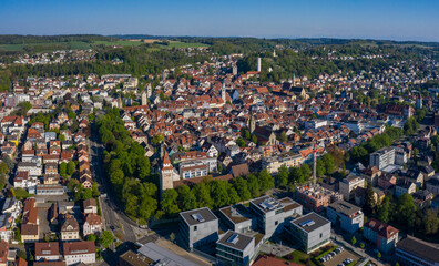 Fototapeta na wymiar Aerial view of the city Ravensburg in spring during the coronavirus lockdown. 