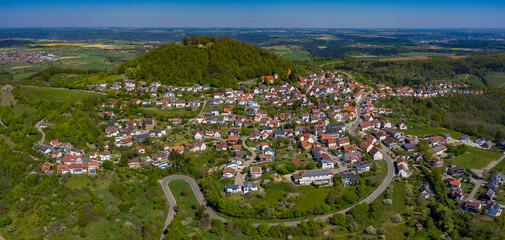 Aerial view of the city and Castle Hohenstaufen on a sunny day in Spring during the coronavirus lockdown.
