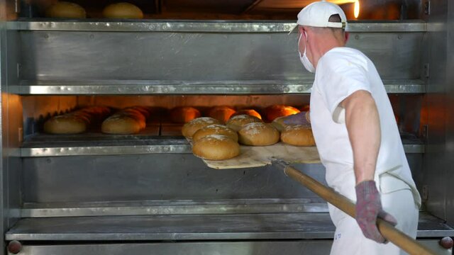 Chef removes freshly baked bakery products from the oven. Baked bread is removed from the oven in a bakery.