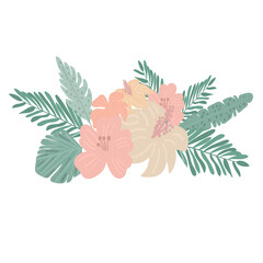 Tropical flowers. card with floral vector illustration. Bouquet of flowers with exotic Leaf. Isolated on white background. Composition for invitation to wedding party or holiday.