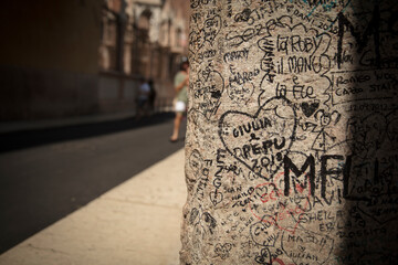 Verona, Italy, Europe, August 2019, Graffiti at the house of Romeo