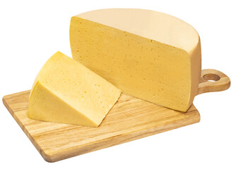 Isolated piece of cheese on Board with clipping path on white background
