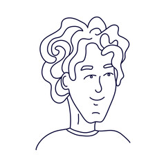 Doodle portrait of a guy with long  curly hair. Isolated outline. Hand drawn vector illustration in black ink on white background.