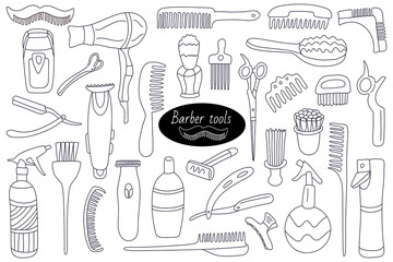 Big set of hairdressing tools. Doodle icons for barbershops. Hand drawn illustration in black ink isolated on white. Manual razor, comb, hair dryer, brushes, spray, scissors, spray, trimmer, clamps.