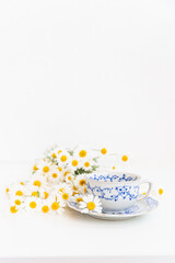 Bouquet of daisies and vintage tea cup on white background.  With copy space.
Cup of aromatic tea with a camomile flowers. Place for text. 