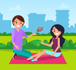 Man and woman on date vector, people sitting on blanket in city park. Couple having picnic, cityscape with skyscrapers, people spending time outdoors